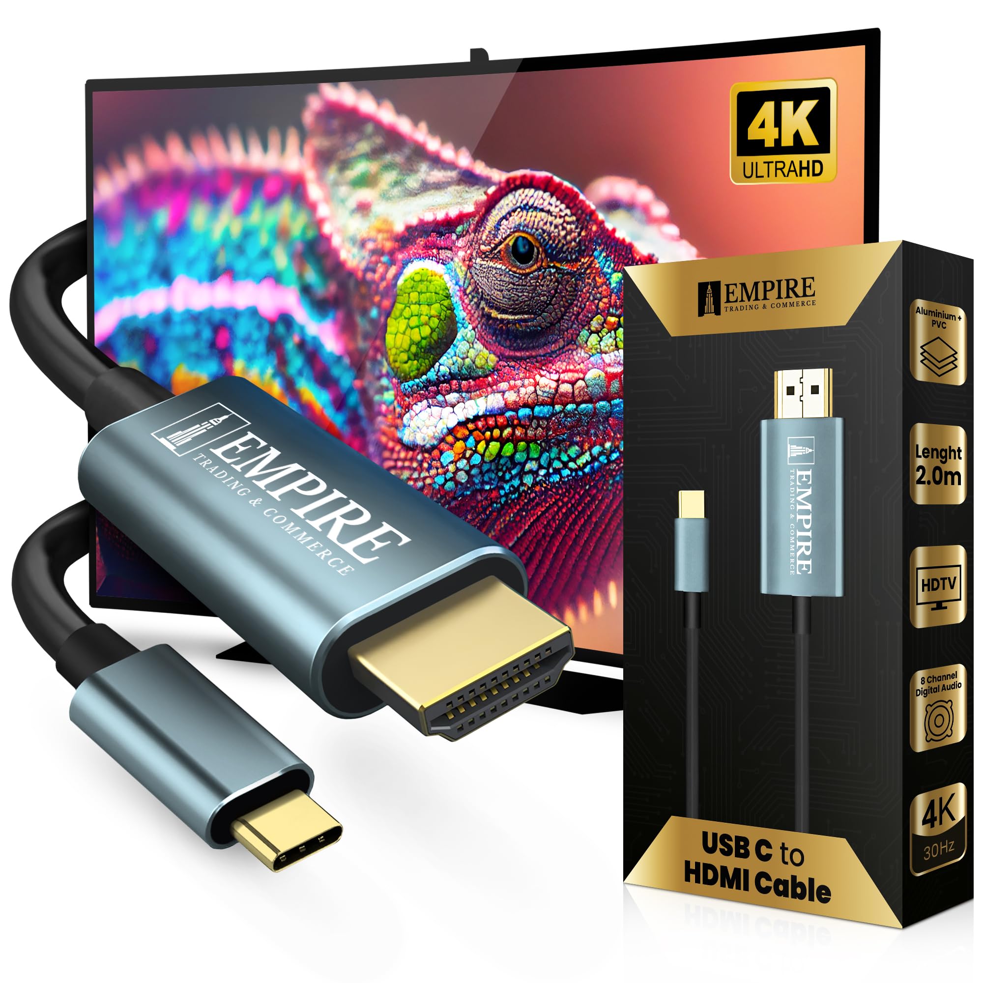 Empire Usb c to HDMI Cable - 2M Type C to HDMI Cable with Aluminum Case and Gold-Plated Plugs - 4K | 30Hz USB-C to HDMI Cord Compatible with MacBook Pro/Air, iPad Pro, Galaxy S8 to S23, Dell, and HP