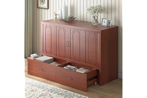 Mjkone Murphy Bed Queen, Murphy Bed Cabinet with Tri-Fold Mattress, Awesome Multifunctional Murphy Bed, Cabinet Bed with USB Port, Adult Bed Chest with Large Drawers for Guest Room (Cherry-Pattern R)