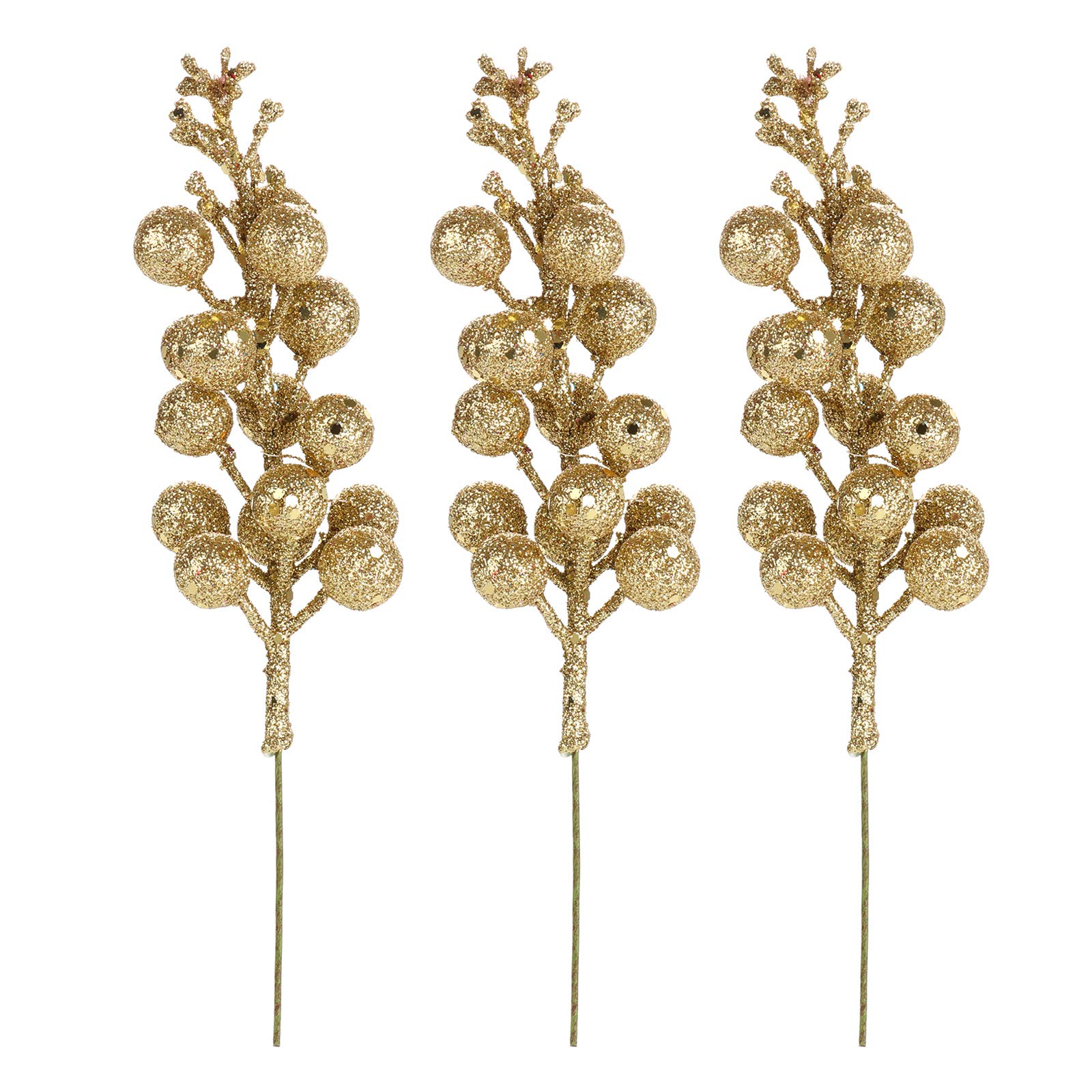 Redsa 3Pcs Christmas Glitter Berries Stems 7.8 Inch Colorful Artificial Berry Picks with Glitter Berry Foam Fruit Ball DIY Garland Ornament for Xmas Wreath Tree Wedding Home Decor-(Gold)