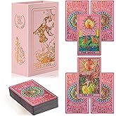 lrjrizzo Tarot Cards for Beginners Pink Tarot Cards with Guide Book Gold Foil with Meanings on Them 78 Classic Origina Rider Waite Taro Deck Fortune Telling Game（Pink）