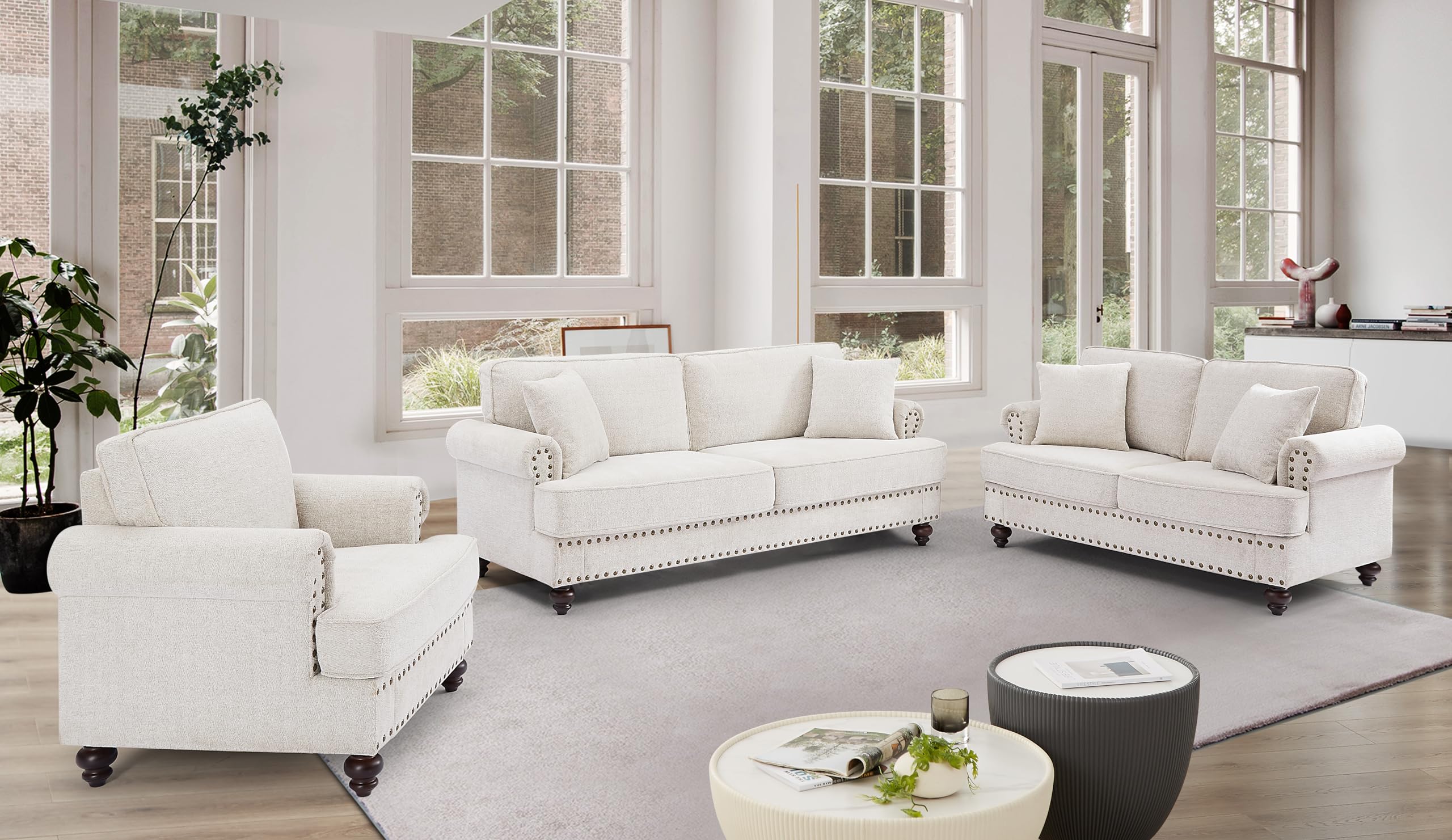 Photo 1 of **BOX 1 OF 2 ONLY/INCOMPLETE SET** FANYE 3 Pieces Living Room Sofa Sets Include Armchair, Loveseat and 3Seaters Couch,Chenille Upholstered Button Tufted Sofa&Couch with 4 Pillows and Nailhead Decor for Home Office Apartment