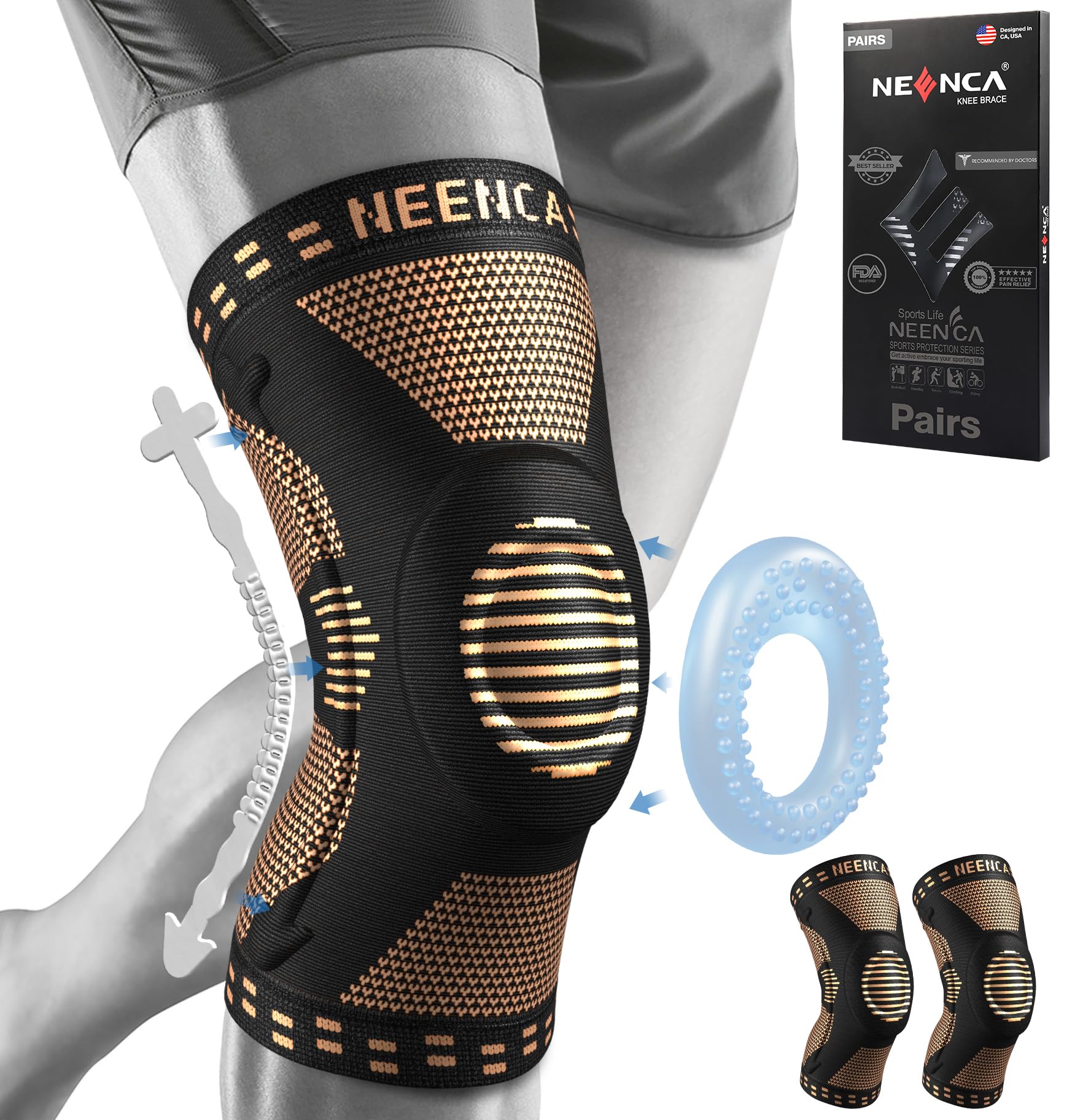Photo 1 of NEENCA 2 Pack Knee Braces for Knee Pain, Compression Knee Sleeves with Patella Gel Pad & Side Stabilizers, Knee Support for Meniscus Tear, Arthritis, Joint Pain, ACL, Runner, Workout- FSA/HSA APPROVED