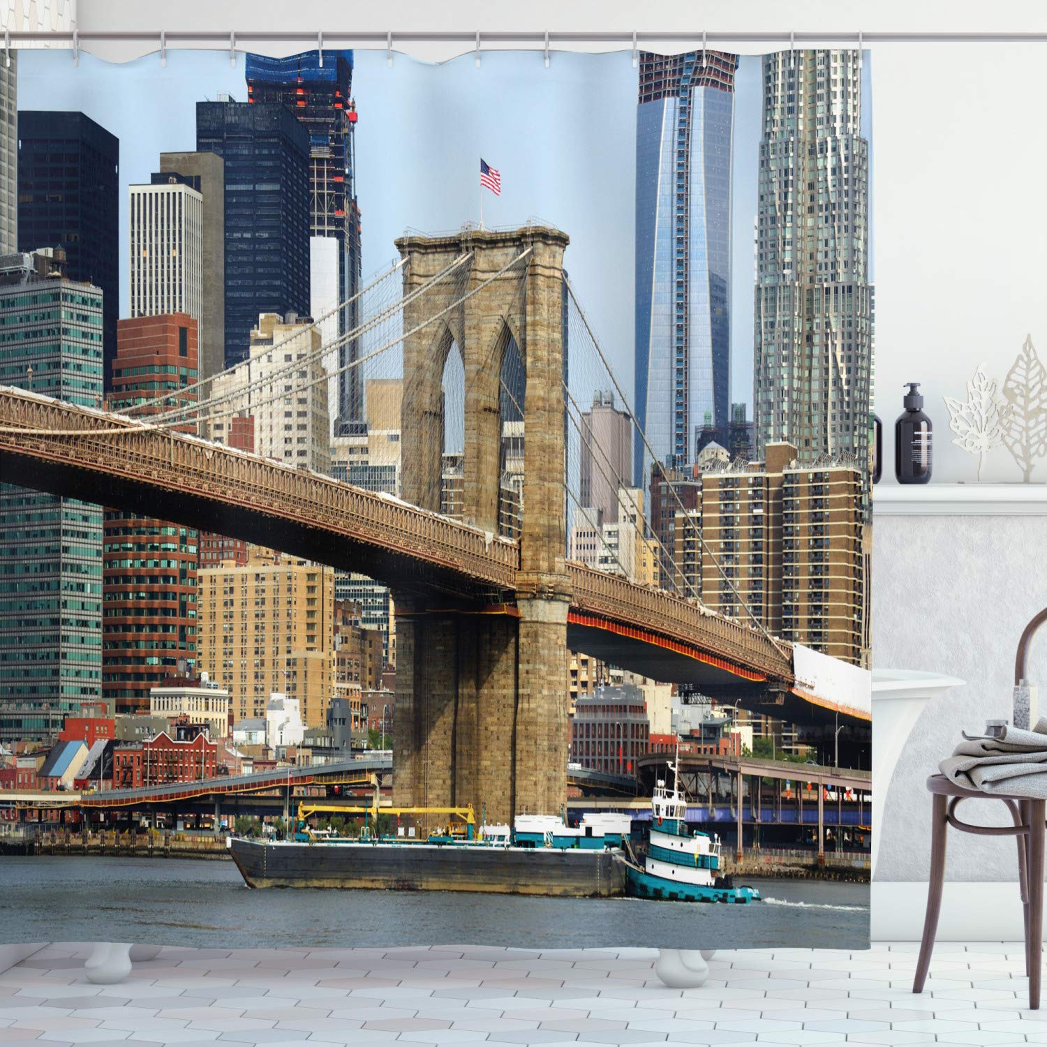 ABAKUHAUS Urban Shower Curtain, Skyline of Brooklyn New York USA Cityscape Bridge Buildings and River Coastal Scenery, Cloth Fabric Bathroom Decor Set with Hooks, 86 Inches Extra Long, Multicolor