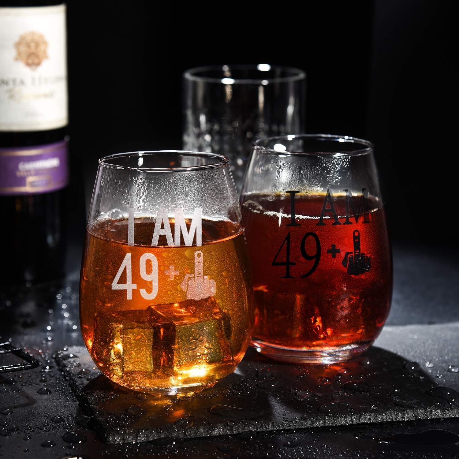 49 + One Middle Finger Stemless Wine Glass 50th Birthday Gift for Men Women Funny Turning 50 Bday Present Drinking Party Decoration, Holiday Gift for Wine Lovers,Black
