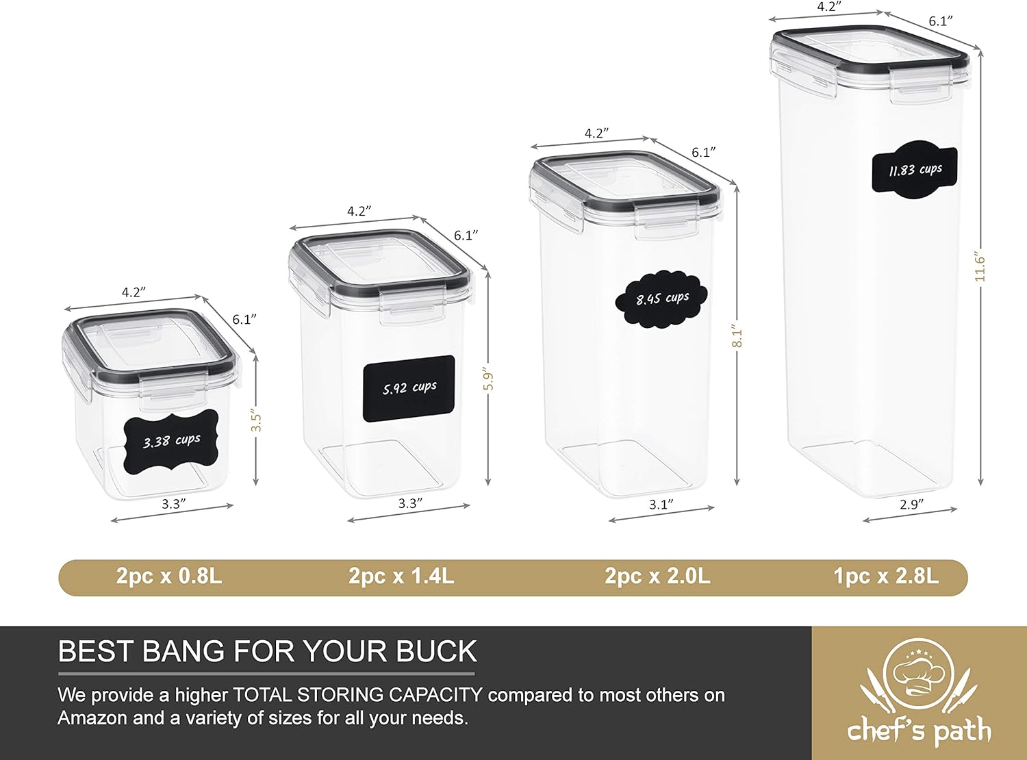 Chef's Path Airtight Food Storage Container Set - 7 PC - Kitchen & Pantry Organization Ideal for Flour, Sugar, Cereal & More - BPA-Free - Plastic Canisters with Durable Lids - Labels, Marker & Spoons: Kitchen & Dining