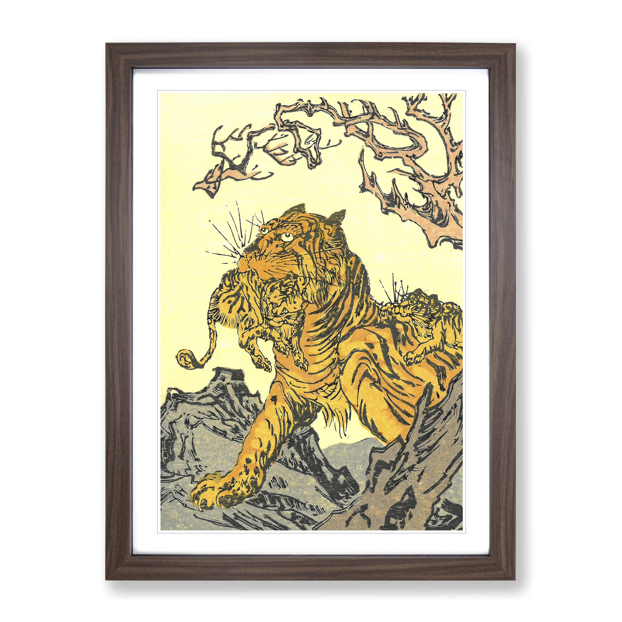 Tora Tiger By Kawanabe Kyosai Asian Japanese Framed Wall Art Print, Ready to Hang Picture for Living Room Bedroom Home Office Décor, Walnut A4 (34 x 25 cm)
