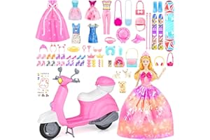 Glisiol 67Pcs Doll Clothes and Accessories with Doll, Motorcycle Scooter Set, Skiing Kit, Pet Set, 10 Shoes, 6 Outfits (Dress/Pants/Casual), Doll Playset Dress Up Toys for Girls Kids Toy Gifts
