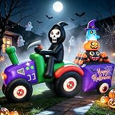 BLOWOUT FUN 7FT Long Halloween Inflatable Grim Reaper Tractor Truck | Blow Up Trailer Ghost Pumpkin Spider Lawn Garden Farm Decor Giant Spooky Ornament Halloween Party Display