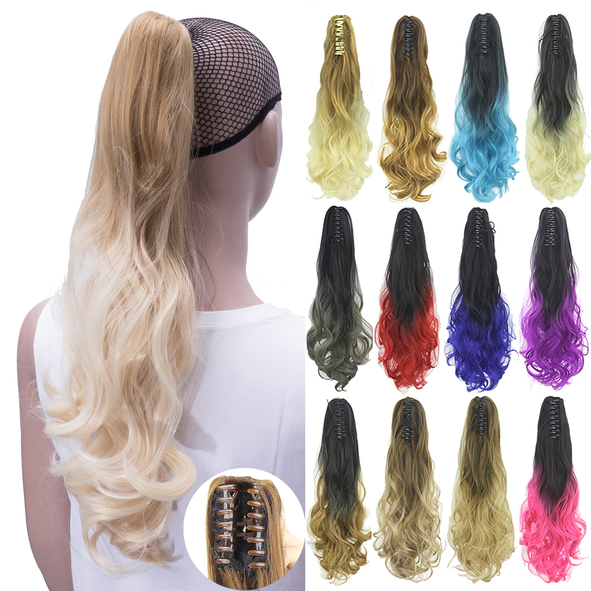 IMISSU Curly Ombre Color Claw Ponytail Hair Extensions Pony Tail Clip in Hairpiece (Ombre Light Blonde)