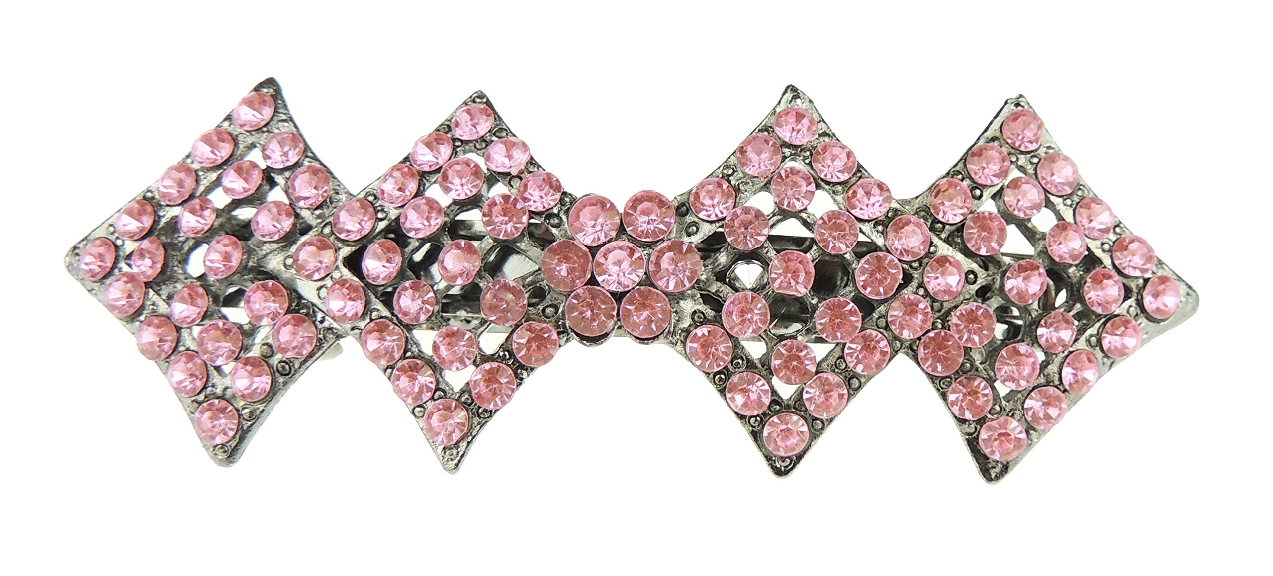 Womens Girls Crystal Rhinestone Diamante Wedding Bridal Party Evening Ponytail Fine Hair Accessories Formal Occasion Barrette Hairpin Grip French Spring Clip Long Bow Diamond Shape (Pink)