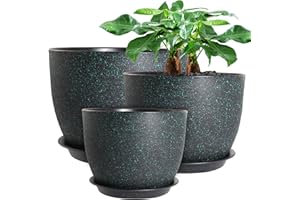 UOUZ 12/10/9 Large Modern Plant Pots, Plastic Planters with Drainage Holes and Saucers for Indoor Outdoor Plants Flowers, Black with Green Speckles