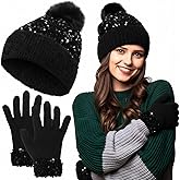 Chicingyou Winter Beanie Hat Gloves Set Furry Hat with Yarn Pom Warm Skull Cap Soft Gloves for Women