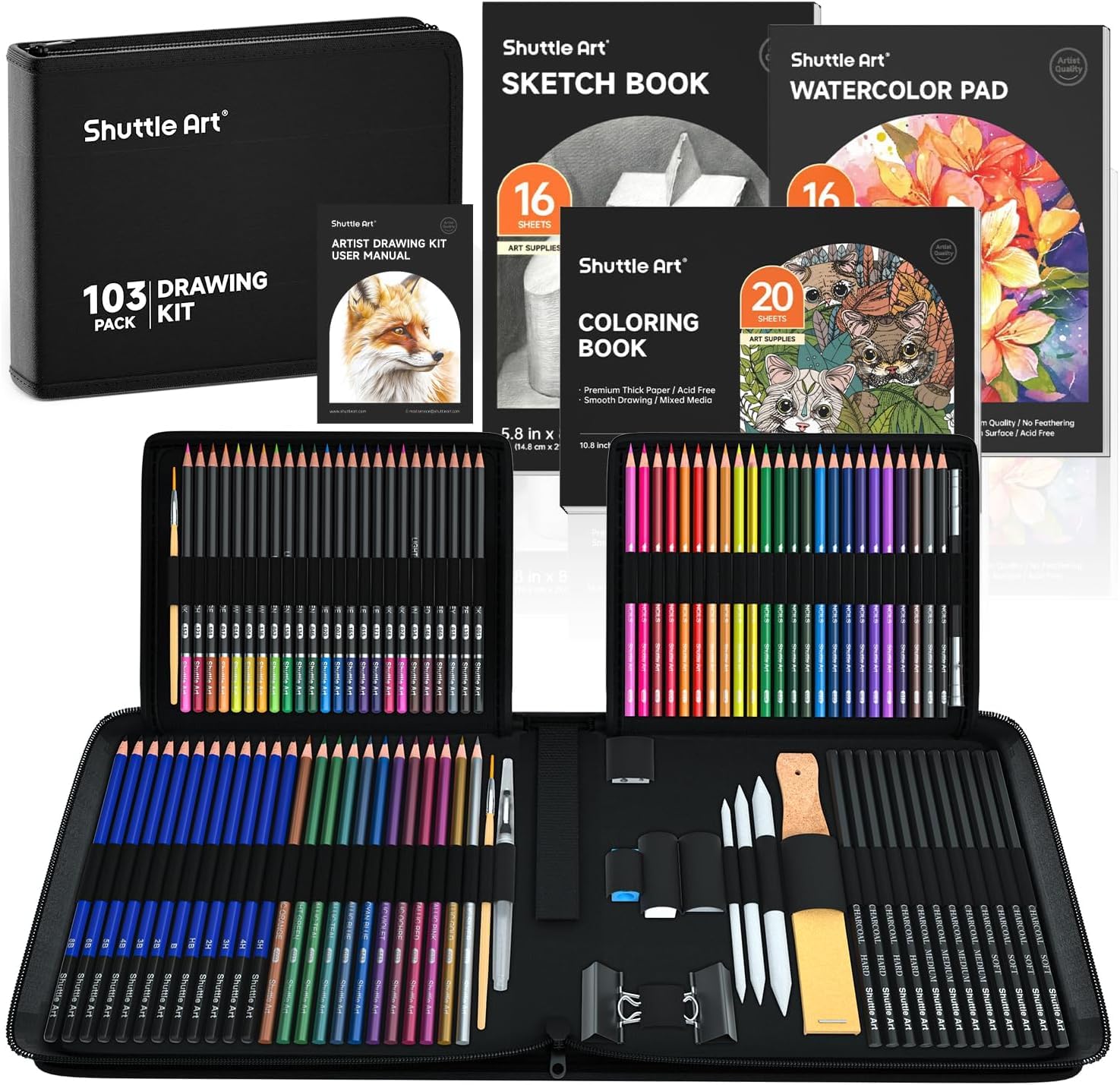 Shuttle Art 103 Pack Sketching and Drawing Set, Sketch Books, Graphite and Colouring Pencils in Sturdy Zipper Case, Art Supplies for Artists, Beginners, Adults