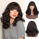 Sidaila 14 Inch Bob Wig for Women with Bangs, Heat Resistant Synthetic Short Curly Wig, Natural Looking Body Wave Style for Everyday or Occasions – Dark Brown