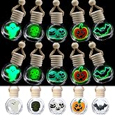 Sunnychicc 10 Pcs 10ml Ghost Car Hanging Air Freshener Diffuser Perfume Bottles with Glow in The Dark Skull Ghost Bat Pumpkin Spice Refillable Empty Glass Essential Oil Pendant for Car (Halloween)