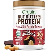 Orgain X Justin's ® Organic Vegan Nut Butter Protein Powder, Chocolate Peanut Butter- 20g Plant Protein, 1g Sugar, Gluten Free, No Dairy, Soy Ingredients, or Artificial Flavors, 1.17 lb