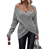 Womens Casual V Neck Long Sleeve Sweaters Cross Wrap Front Cable Knit Pullover Sweater Jumper Tops