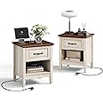 LINSY Night Stand Set of 2, 18.9" Farmhouse Wood NightStand with Type-C Charger &Open Storage Shelf Nightstands with Drawer, Side Table End Table for Bedroom Living Room Sofa Couch Office Beige