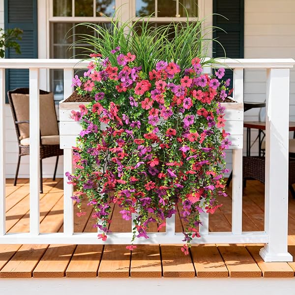 ARTIFICIAL HANGING FLOWERS FOR OUTDOORS WITH WHEAT GRASS, 5 PCS FAKE HANGING PLANTS FOR SPRING DECOR, UV RESISTANT FAUX SILK FLOWER GREENRY FOR PLANTER PORCH PATIO YARD GARDEN(PURPLE HOT PINK)