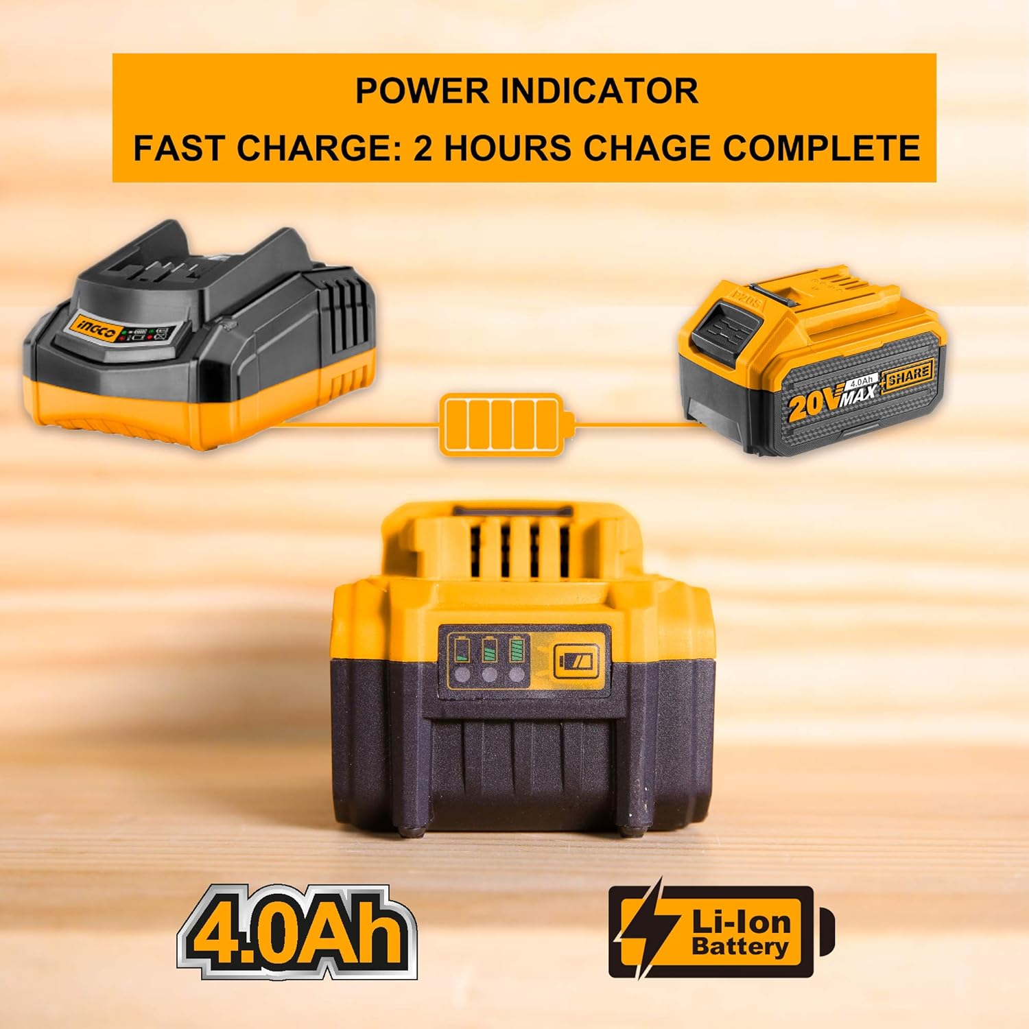 INGCO 20V 4.0Ah Lithium-Ion Battery Pack, ONLY Compatible with INGCO 20V Power Tools, Charger Not Included FBLI2002 - Image 3
