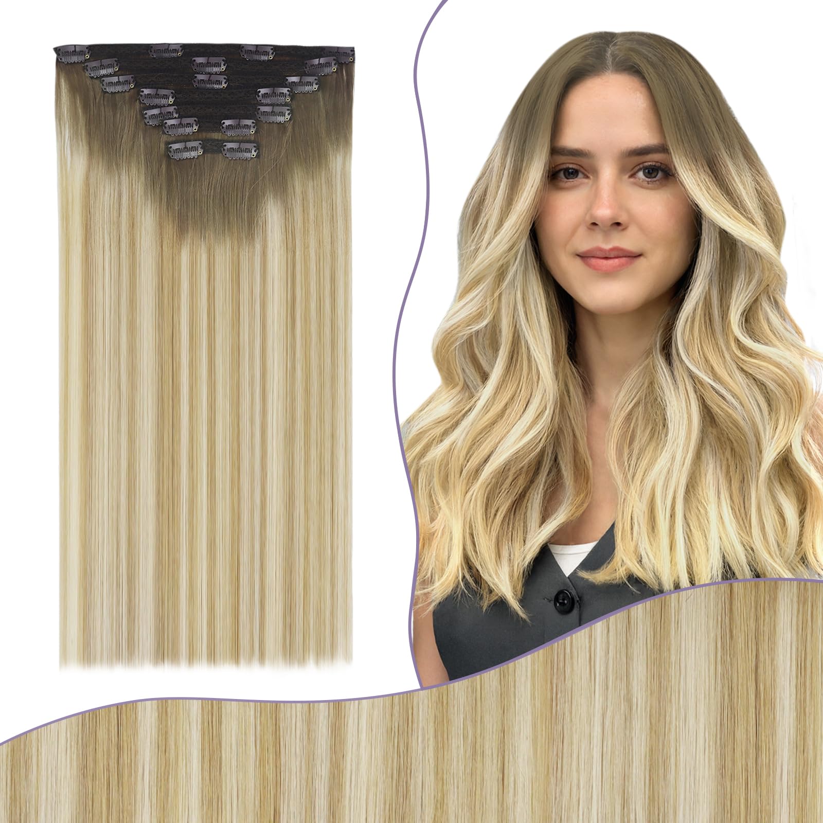 Fshine Clip in Blonde Hair Extensions Balayage Clip in Hair Extensions Real Human Hair Silky Thick Clip in Medium Brown Fading To Honey Blonde Hair 16 Inch 7Pcs 135g — image 1