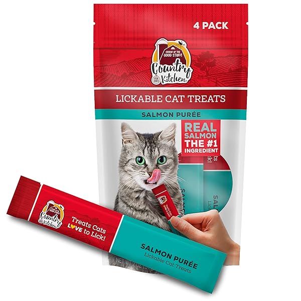 COUNTRY KITCHEN SALMON PUREE LICKABLE CAT TREATS, MADE WITH REAL SALMON, 2 OZ, 4 COUNT