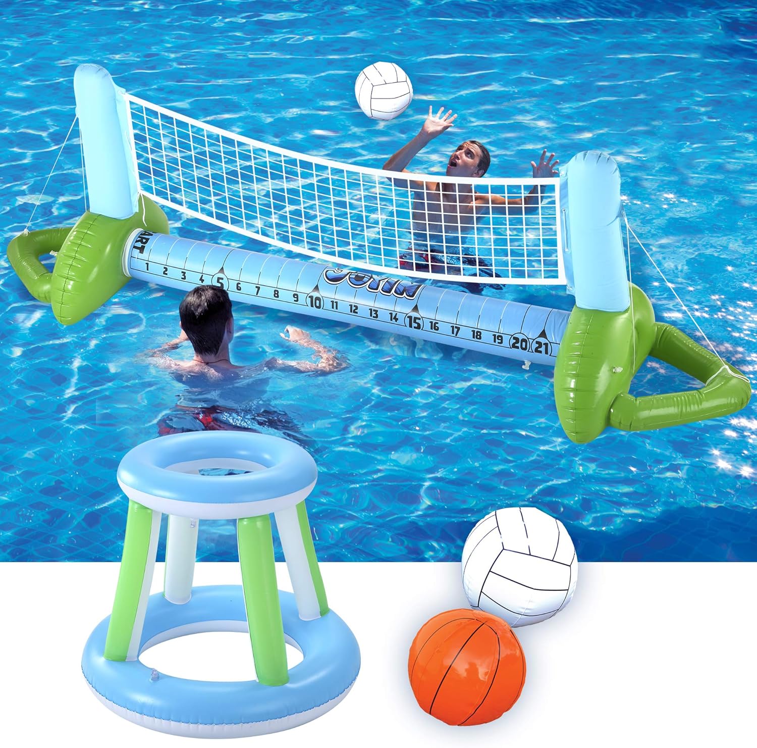 JOYIN Inflatable Pool Volleyball Set, Volleyball Net & Basketball Hoops Pool Float Set, Floating Summer Floaties, Volleyball Court Pool Party Lounge Raft, Inflatable Party Fun Swimming Game Toy: Toys & Games