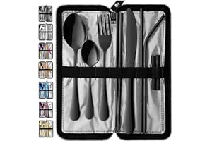 VANDBAO Portable Travel Utensils, Reusable Silverware with Case for Fixing Tableware, 9 Pieces Stainless Steel Stable Flatware Set, Camping Picnic Cutlery Set (Black Set)