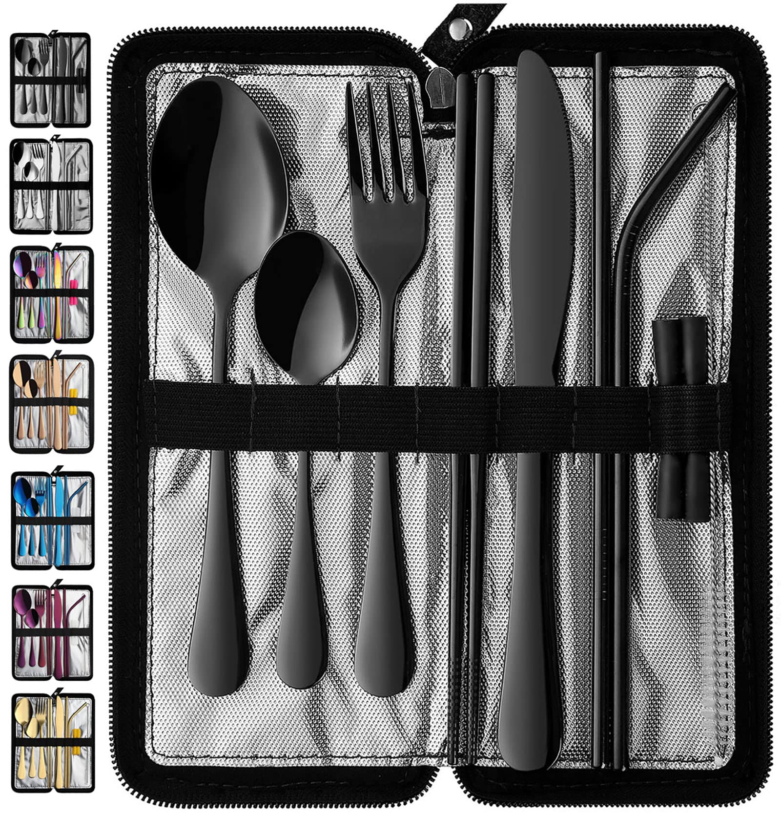 Photo 1 of VANDBAO Portable Travel Utensils, Reusable Silverware with Case for Fixing Tableware, 9 Pieces Stainless Steel Stable Flatware Set, Camping Picnic Cutlery Set (Black Set)