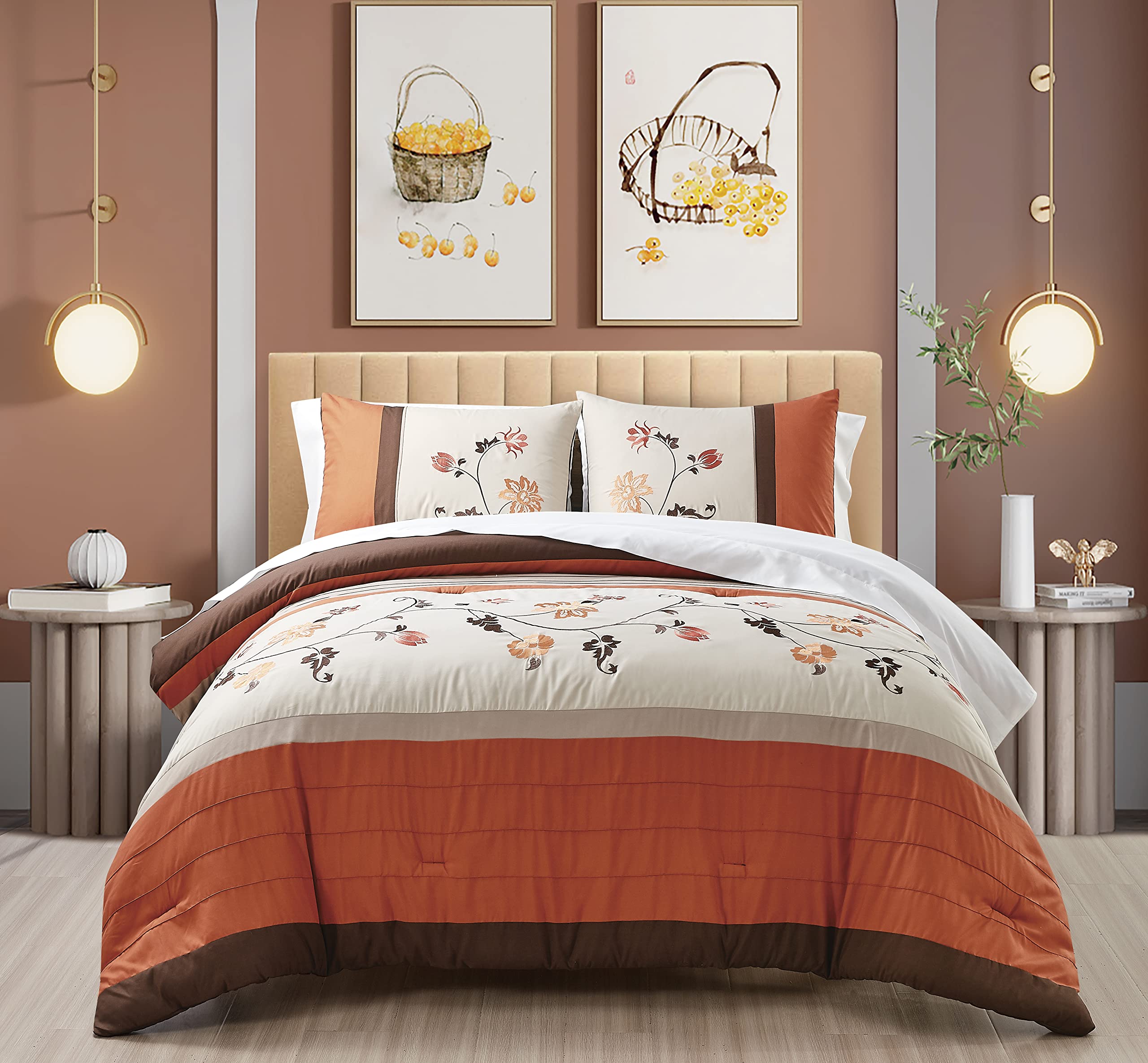Photo 1 of Chezmoi Collection Daphne Bed in a Bag Queen 7-Piece Comforter Set with Sheets Luxury Autumn Floral Embroidery Orange/Brown/Taupe