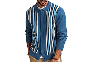 PJ PAUL JONES Mens Vintage Striped Knit Polo Shirt Long Sleeve Button Down Cardigan Sweater