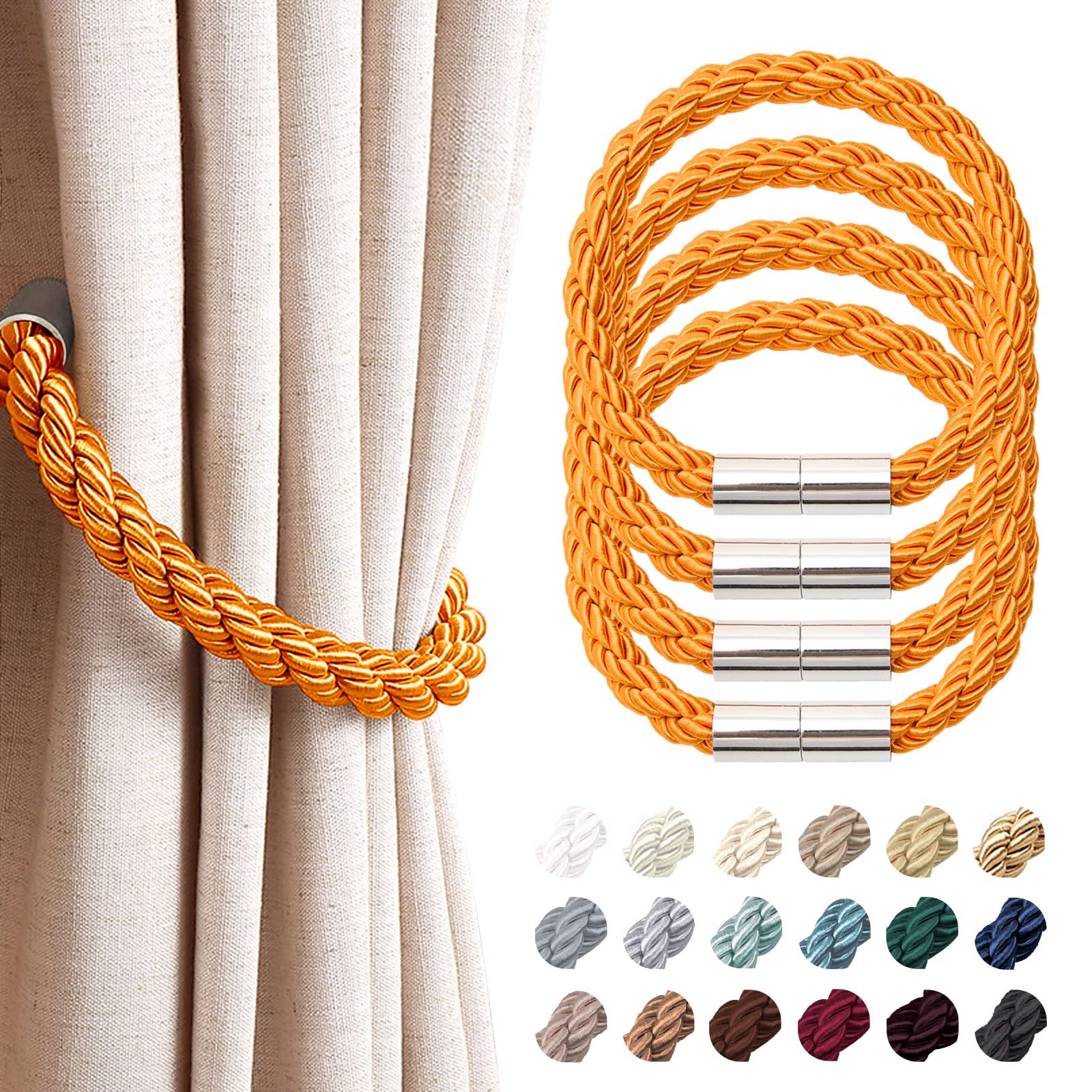 Pretty Jolly 4 Pack Strong Magnetic Curtain Tiebacks Modern Simple Style Drape Tie Backs Convenient Decorative Weave Rope Curtain Holdback for Thin or Thick Home & Office Window Drapery (Orange)