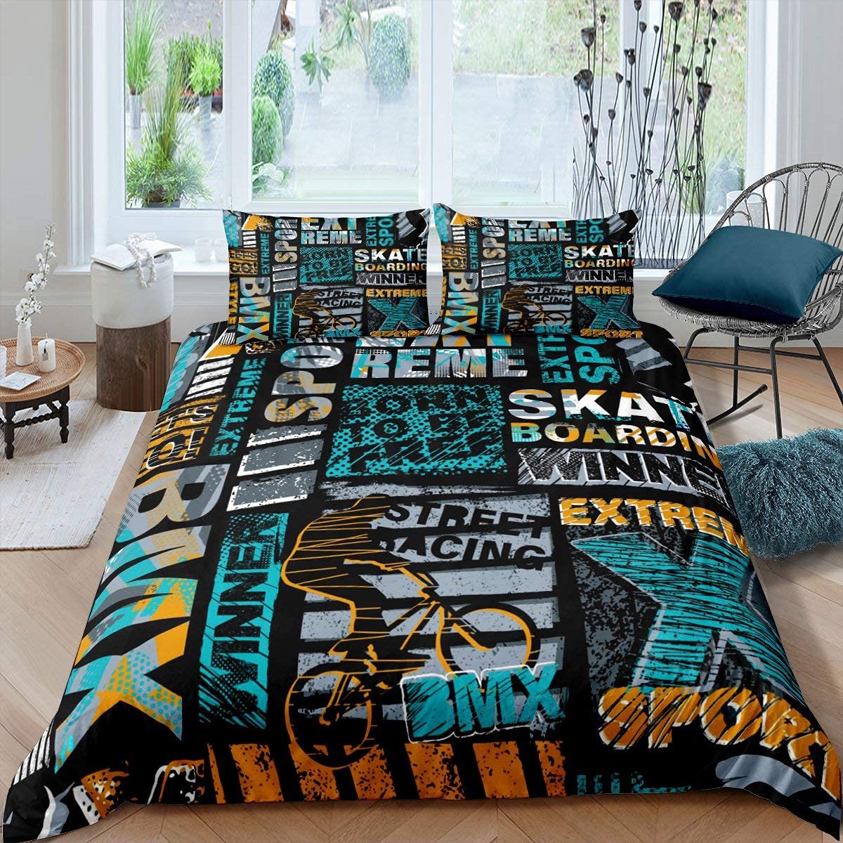 Bmx Bedding Set, Skateboard Trippy Urban Street Culture Brick Wall Grunge Gradient Graffiti Bicycle Comforter Cover, Decorative 3 Piece Duvet Cover With 2 Pillow Shams, Double Size, Teal Yellow Black — image 1