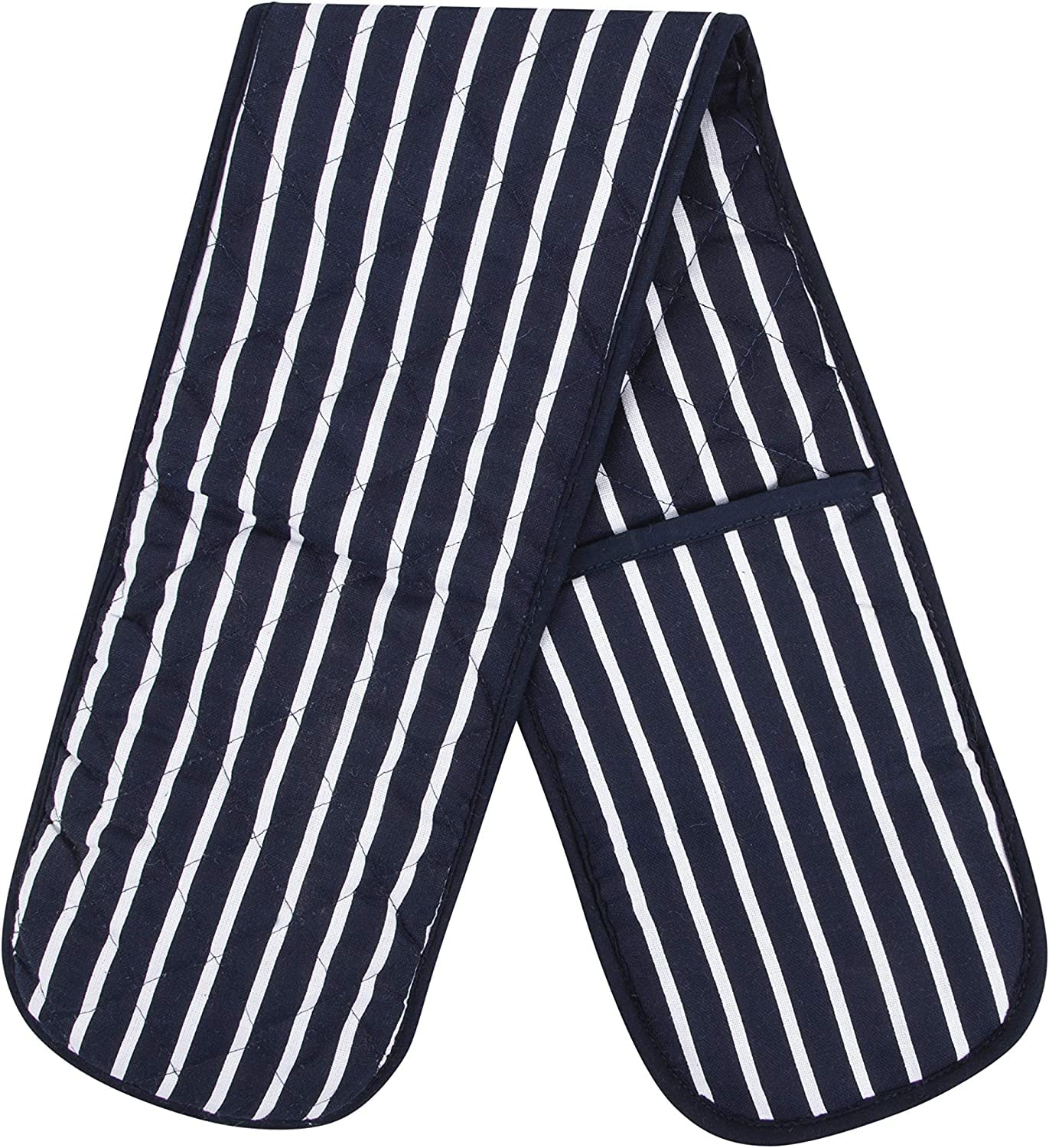 100% Cotton Double Oven Gloves Butcher Quilted Stripe Pot Holder Heat Resistant Mitt - Navy