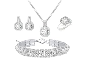 PAXUAN 4pcs Cubic Zirconia Wedding Jewelry Sets for Bride Bridesmaid Cubic Zirconia Pendant Necklace Earrings Link Tennis Bracelet Open Ring Set for Women