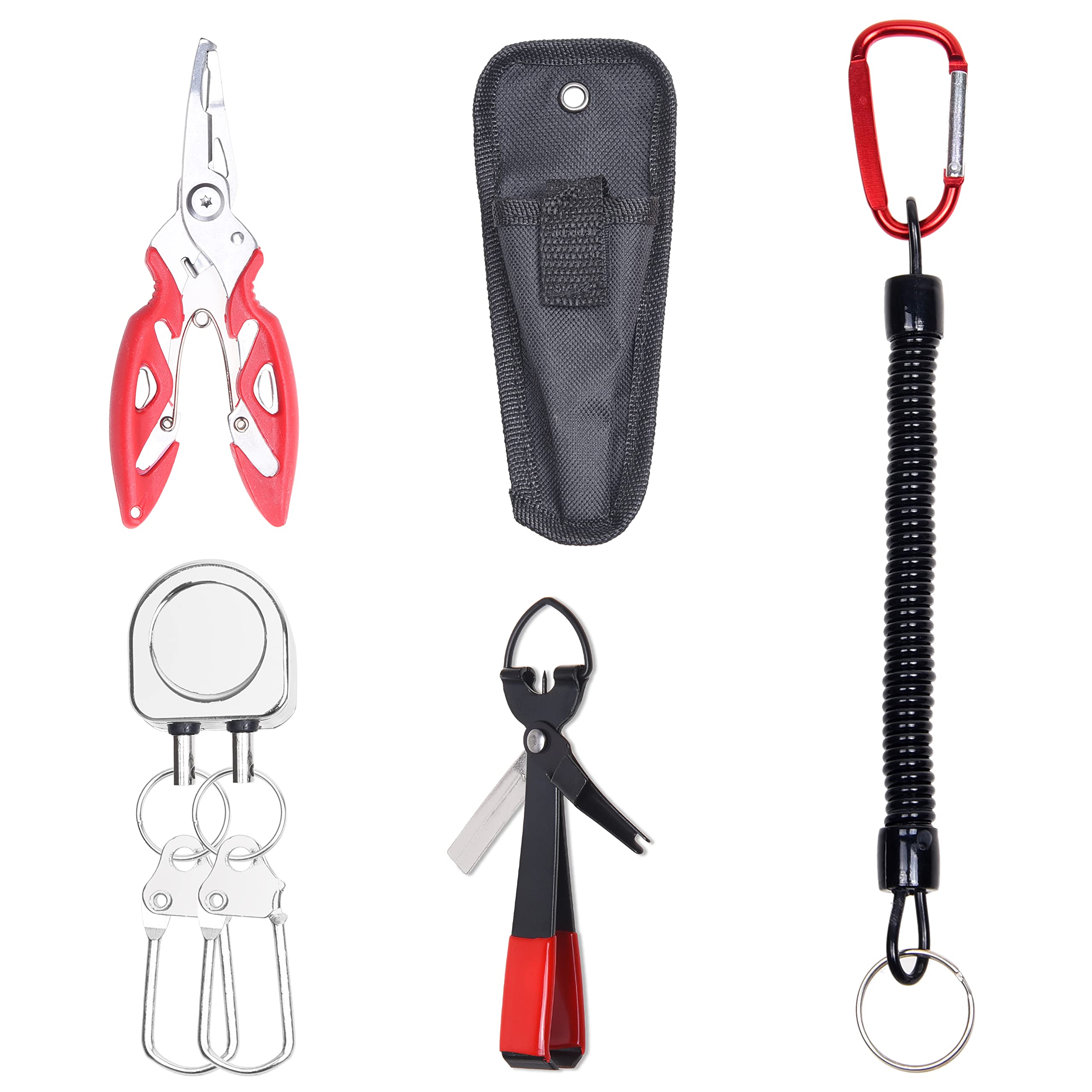 Fishing Accessory Set - 1x Fishing Pliers/Braid Line Scissors with Storage Bag, 1x Fly Fishing Dual Zinger Retractor, 1x Fly Fishing Knot Tying Tools, 1x Coiled Lanyard