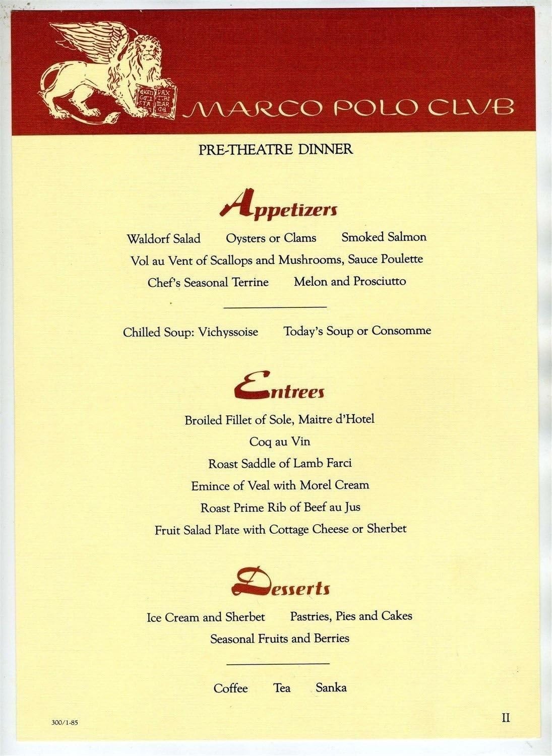 Amazon Com Marco Polo Club Pre Theatre Dinner Menu New York 1985