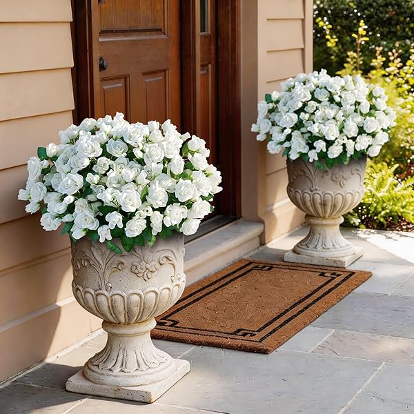 16 BUNDLES ARTIFICIAL ROSES FOR FRONT DOOR OUTDOOR DECOR, REALISTIC FAKE SILK BOUQUETS FLOWERS FAUX UV RESISTANT REAL LOOKING ROSE PLANTS FOR GARDEN BALCONY FARMHOUSE HOME SPRING SUMMER DECOR (WHITE)