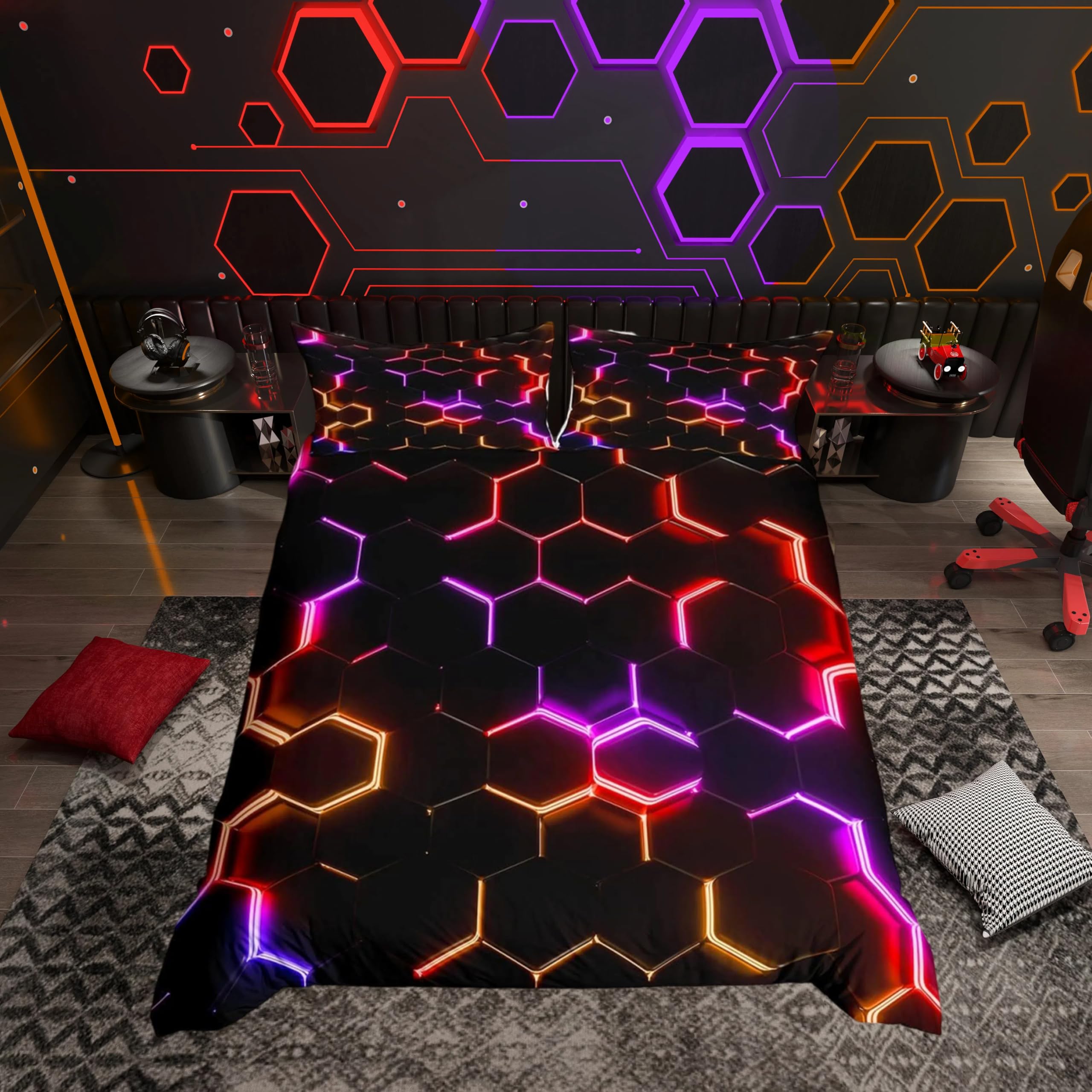 Rred Purple and Black Print Duvet Cover Hexagonal Bedding Set Kids Boys Teens Honeycomb Decor Comforter Cover Beehive Geometric Bedspread Cover Bedroom Collection 2Pcs Single Size — image 1