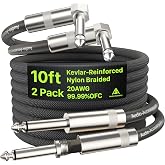 AA AUDIO ACCESSORY Right Angle Guitar Cable 10 ft 2 Pack, Nylon Braided Anti-Kinking Kevlar-Reinforced, 20 AWG 99.99% OFC 1/4 Instrument Cable, AL &amp; OFC Shielded Guitar Cord for Fender Electric Guitar