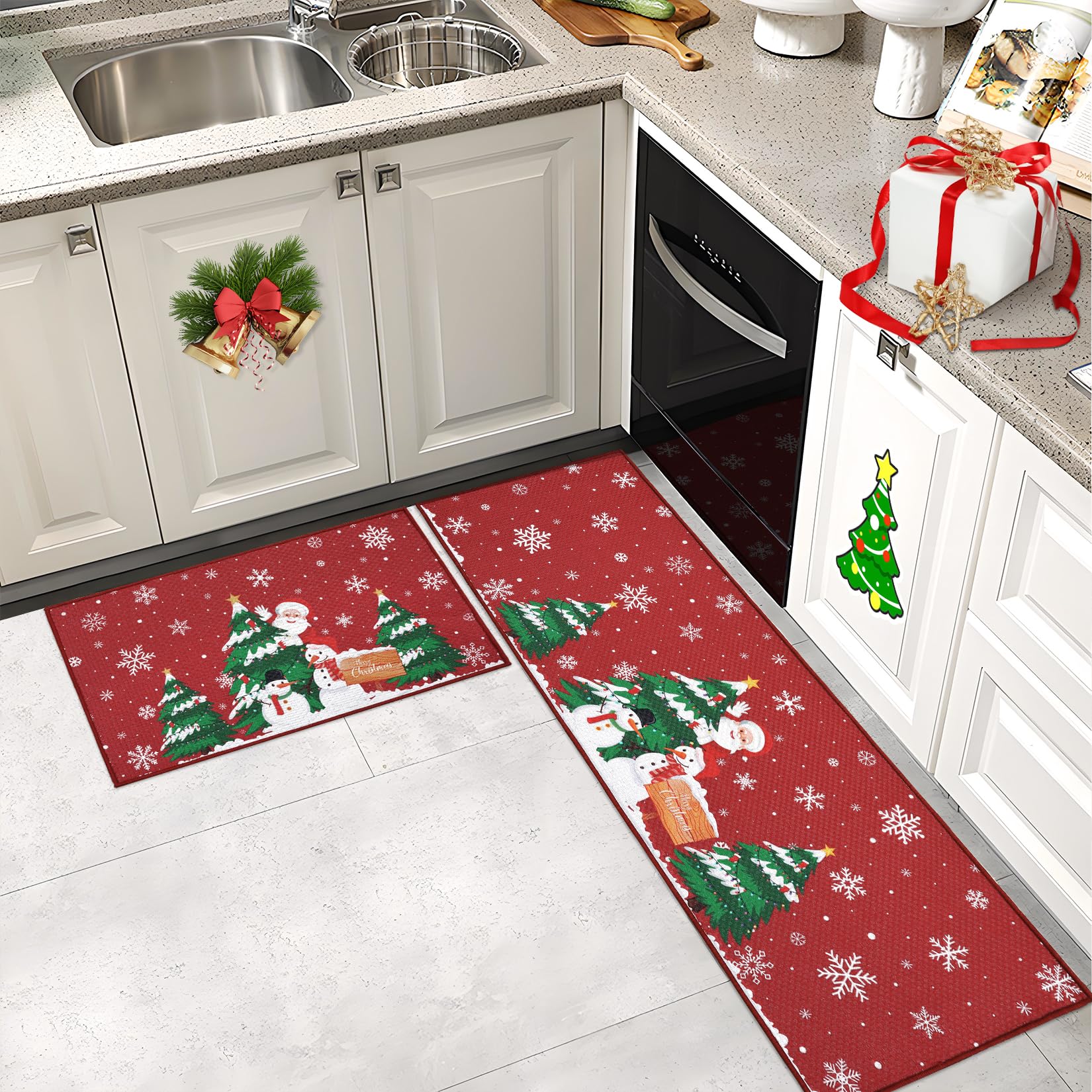 CAROMIO Christmas Santa Claus Kitchen Mat Set of 2 Non Slip Thick Kitchen Rugs and Mats for Floor Comfort Standing Mats for Kitchen Sink Office Laundry, 40x60 + 40x120 cm