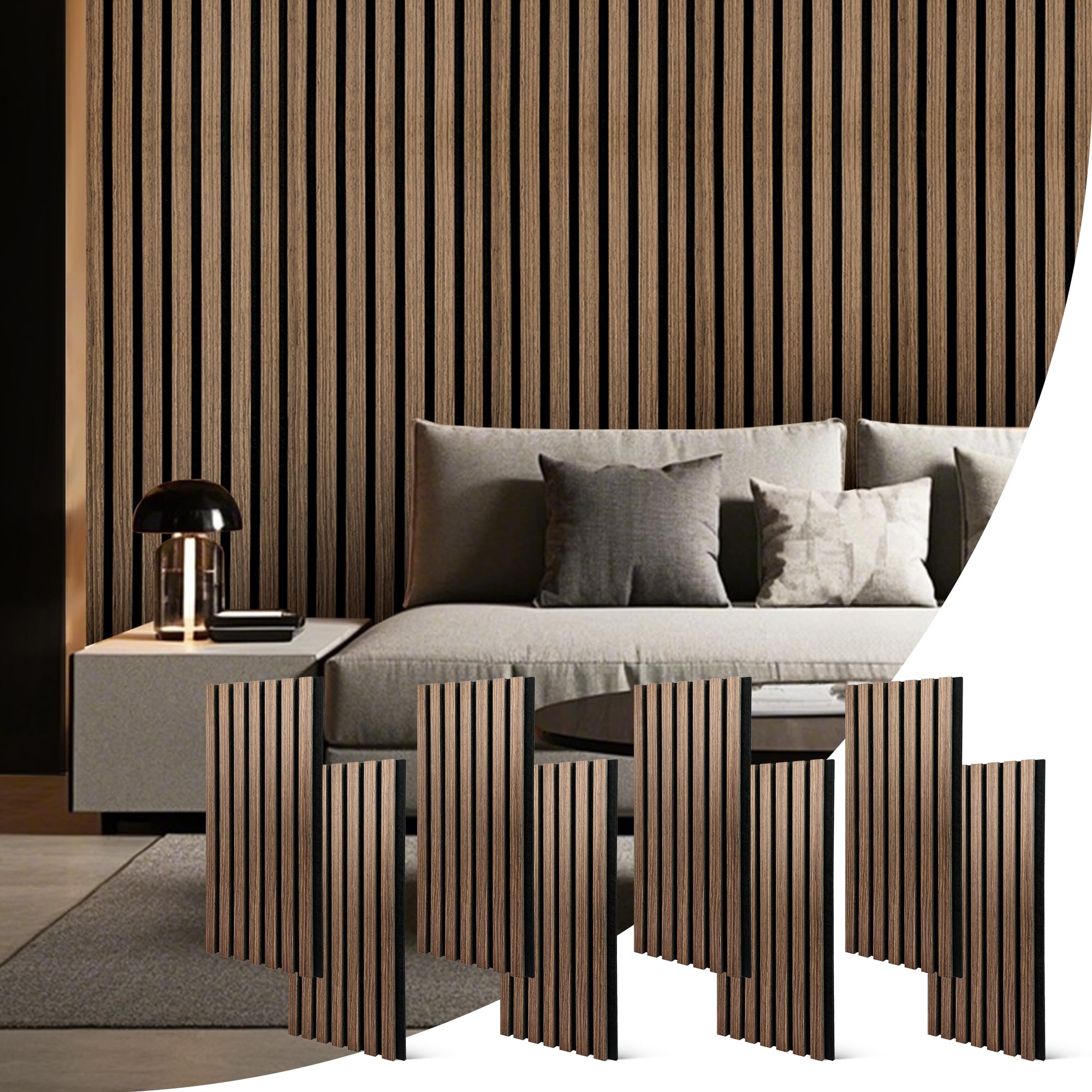 Photo 1 of Wood Slat Acoustic Wall Panels – 8PC 23.62"x11.22” Sound Dampening Panels with Natural Wood Finish – 3D Fluted Decorative Interior Wall Panels for Home, Studio, Office (Walnut)