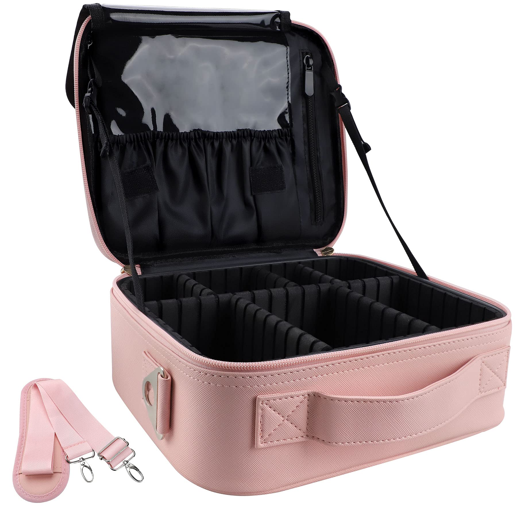 Makeup Case Travel Makeup Bag Organizer 10.2 Inches Travel Makeup Train Case Cosmetic Brush Portable Artist Storage Bag with Adjustable Dividers and Shoulder Strap for Makeup Accessories
