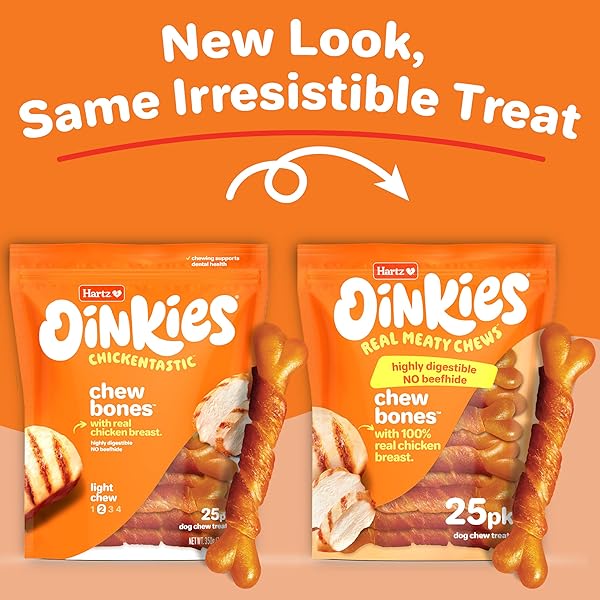 HARTZ OINKIES CHEW BONES WITH REAL CHICKEN BREAST, RAWHIDE FREE DOG TREATS, HIGHLY DIGESTIBLE DOG CHEWS, 25 COUNT