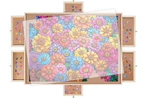 1500 Pieces Rotating Puzzle Board with 6 Drawers, Lazy Susan & Transparent Cover, 34.2"x25.2" Portable Wooden Jigsaw Puzzle B