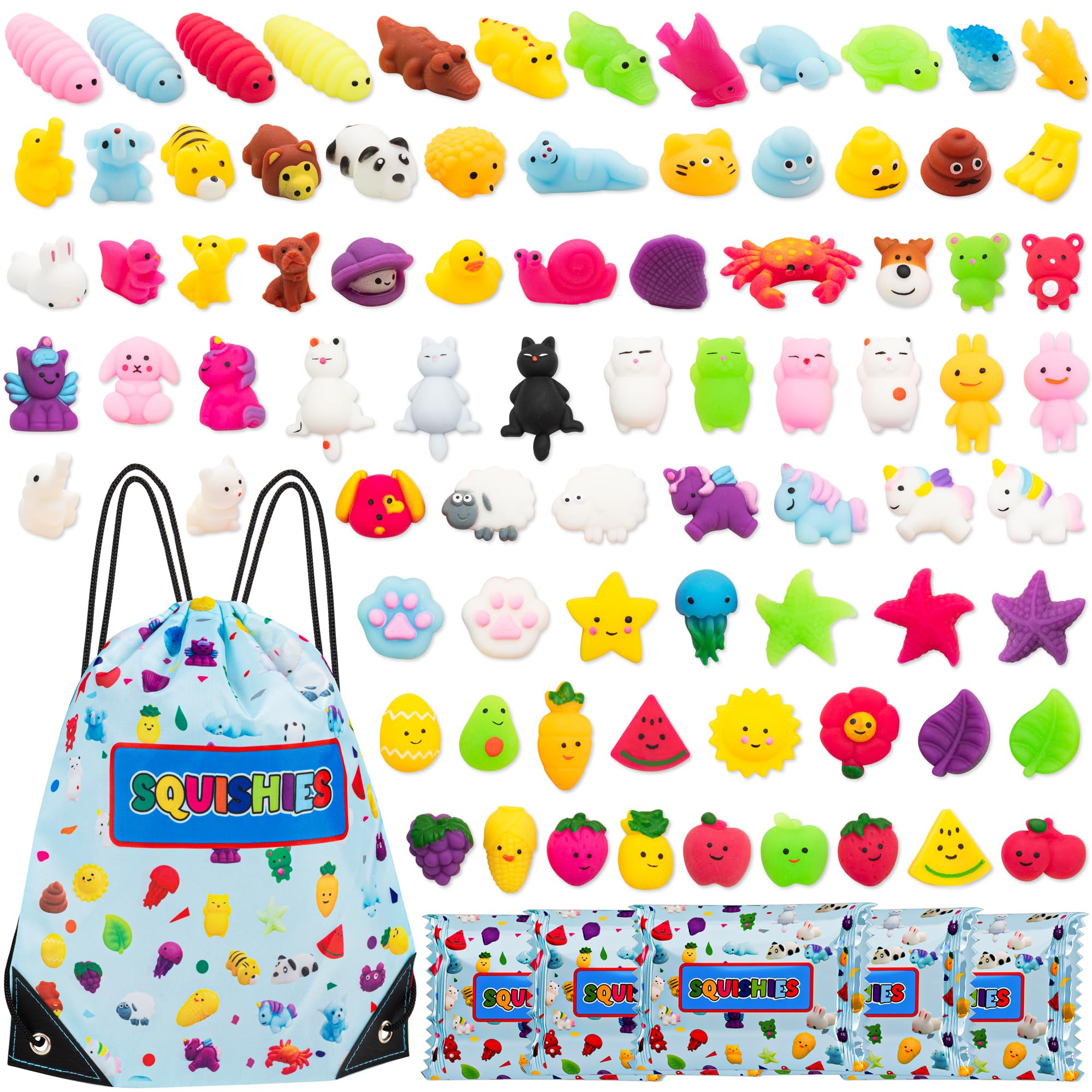 80 Pack Unique Mochi Squishy Toys - Individually Packed Squishy Fidget Toys - Perfect Party Bag Fillers for Kids - Includes Backpack - Squishy Toys Ideal as Party Bag Toys