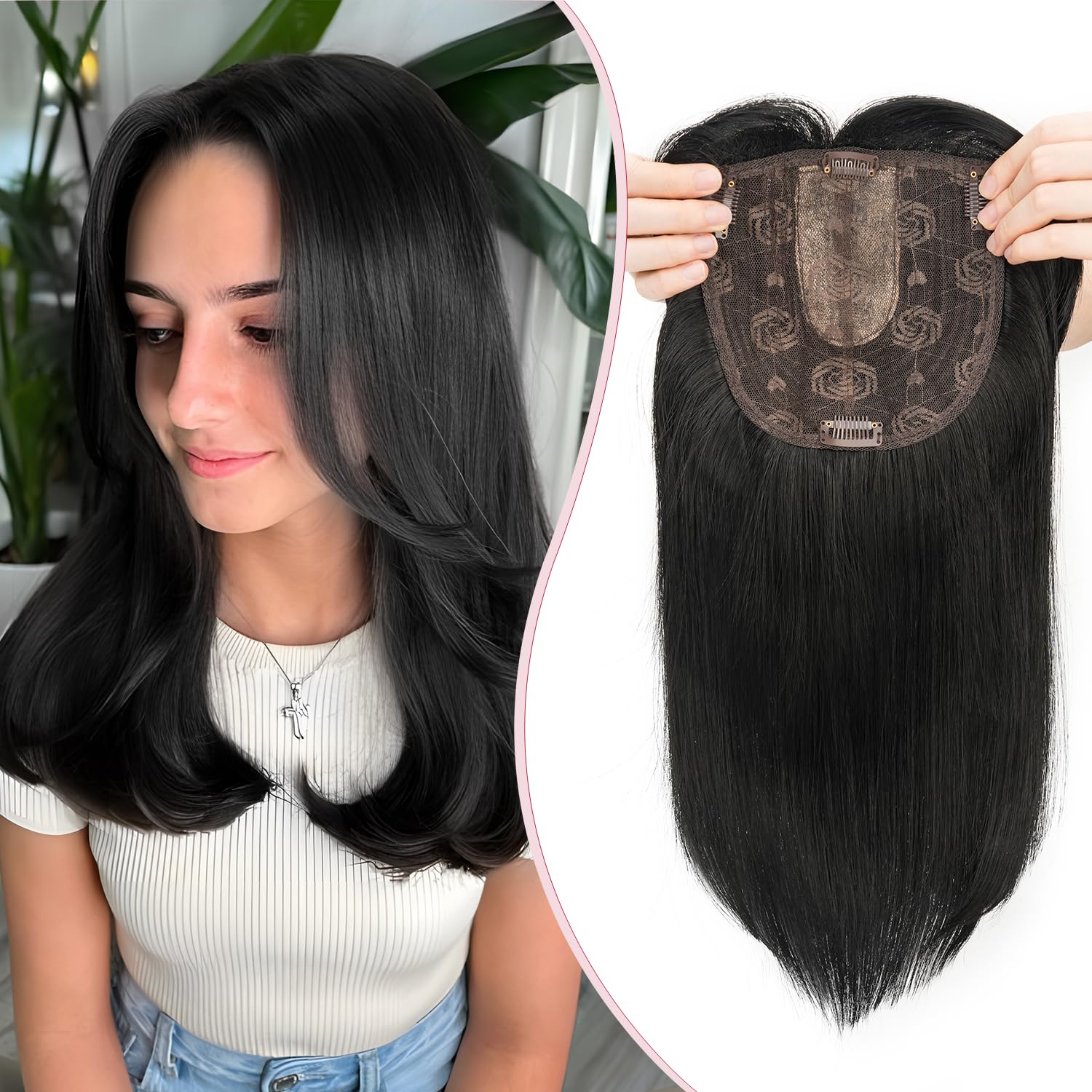 S-noilite Hair Toppers for Women with Thinning Hair 14 Inch Toppers Hair Pieces Women Wiglets with Fringe Bangs 6"x6" Lace Base Clip in Synthetic Hairpieces,Straight Dark Black