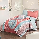 Intelligent Design Complete Bed In A Bag Casual Boho Comforter with Sheet Set Decorative Pillow, All Season Bedding Set, Twin XL, Loretta Coral 7 Piece