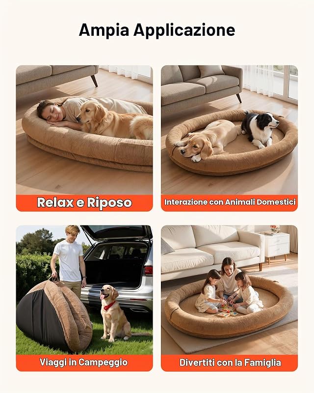 Letto Stile Cane per Umani Amici Pelosi da 1770 x 1230 x 240 mm, Letto per Cani a Misura Umana, con Tasca Laterale, Maniglia e Cerniera, Fodera Rimovibile e Lavabile in Lavatrice, Pelo Corto