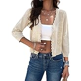 Kate Kasin Women's Cropped Cardigan Sweaters Trendy Lightweight 3/4 Sleeve Button Down Crochet Textured Shrugs Top